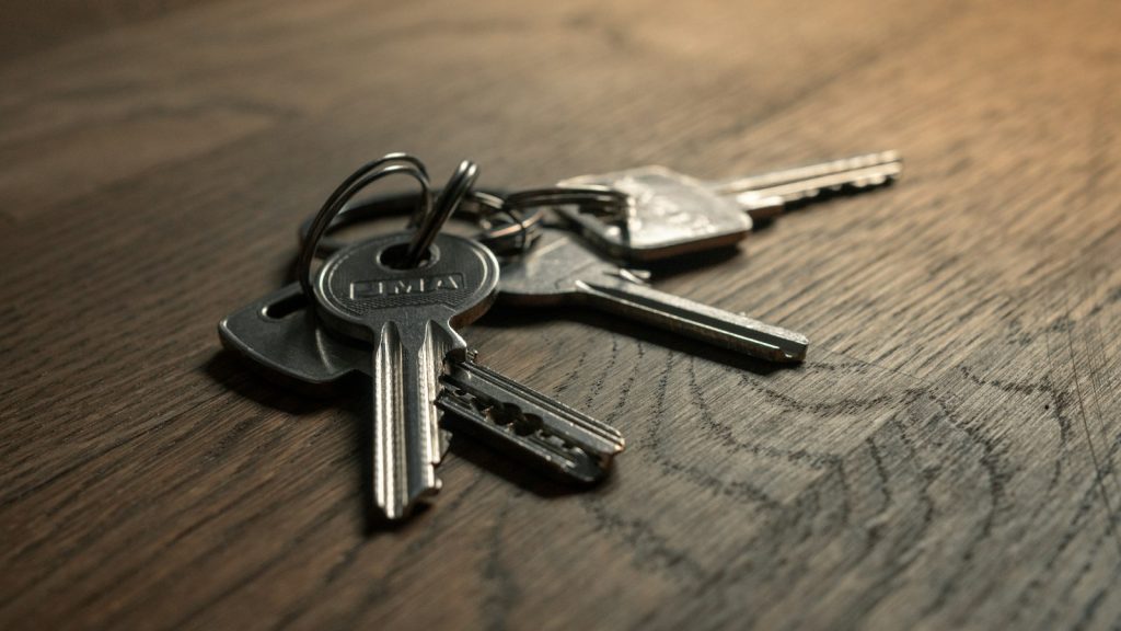 Set of apartment keys on a table